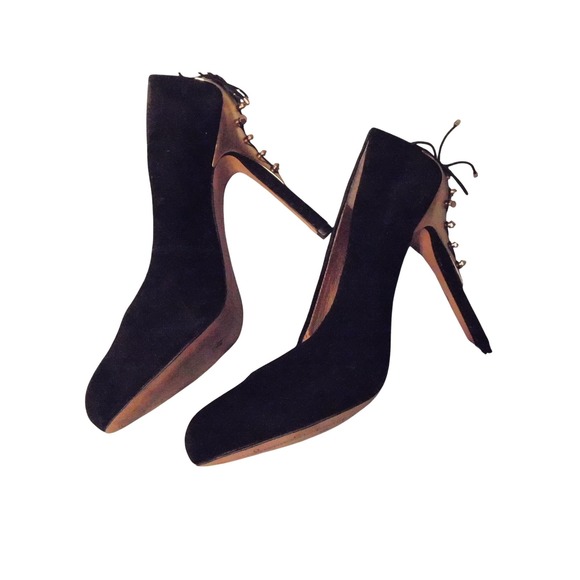 Sam Edelman Black Suede Stiletto Heel Lace Up Ankle Boots Gold Studs size 6